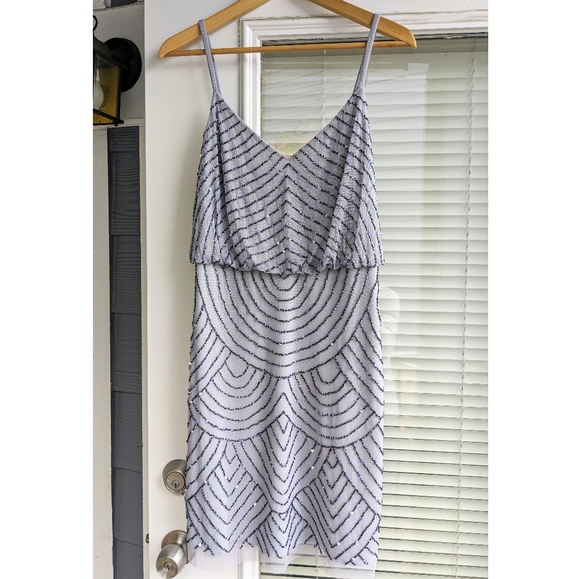 Adrianna Papell Grey Blue Blouson Beaded Sequined Cocktail Mini Dress US 8 - Picture 4 of 15